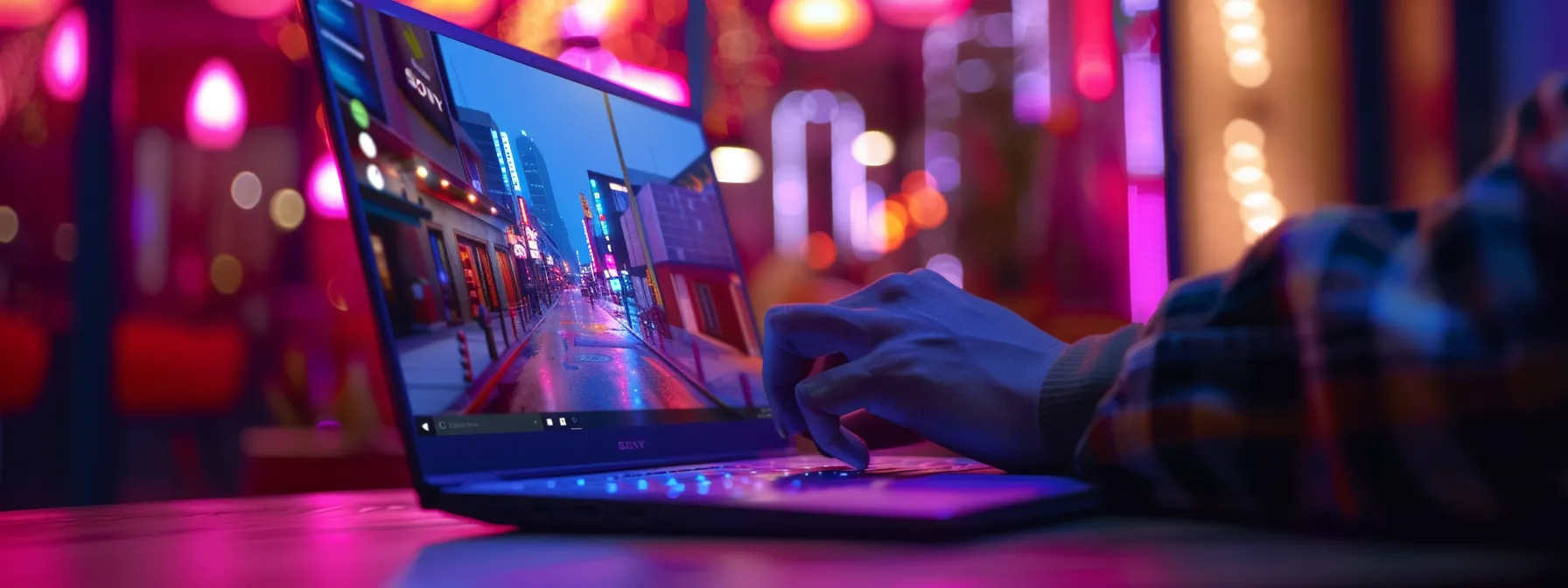 a business owner adding local seo keywords to a vibrant, modern website design on a laptop screen.