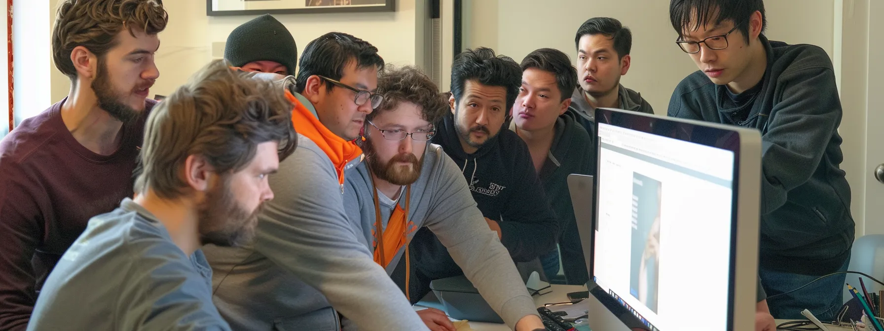 a group of programmers huddled around a computer screen, intensely discussing and brainstorming essential features for a zillow-like app development project.