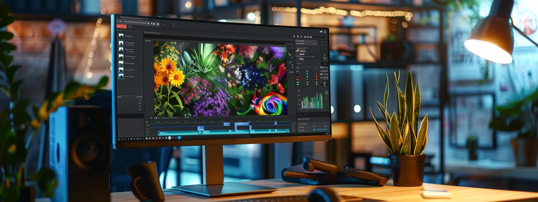 a vibrant, interactive webpage design displayed on a sleek computer screen surrounded by creative tools.
